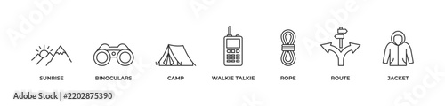 Outdoor Adventure and Camping Icons set vector illustration outline with SUNRISE, BINOCULARS, CAMP, WALKIE TALKIE, ROPE, ROUTE, JACKET 