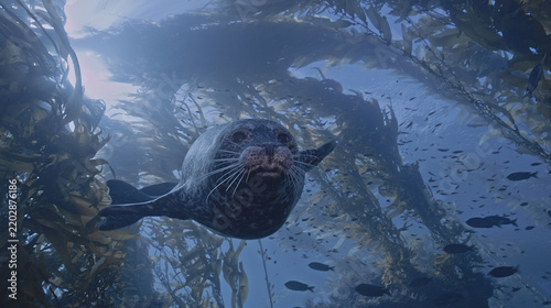 : Young harbor seal swimming up to camera.