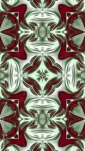 Abstract symmetrical pattern with flowing organic shapes in red and green metallic tones.