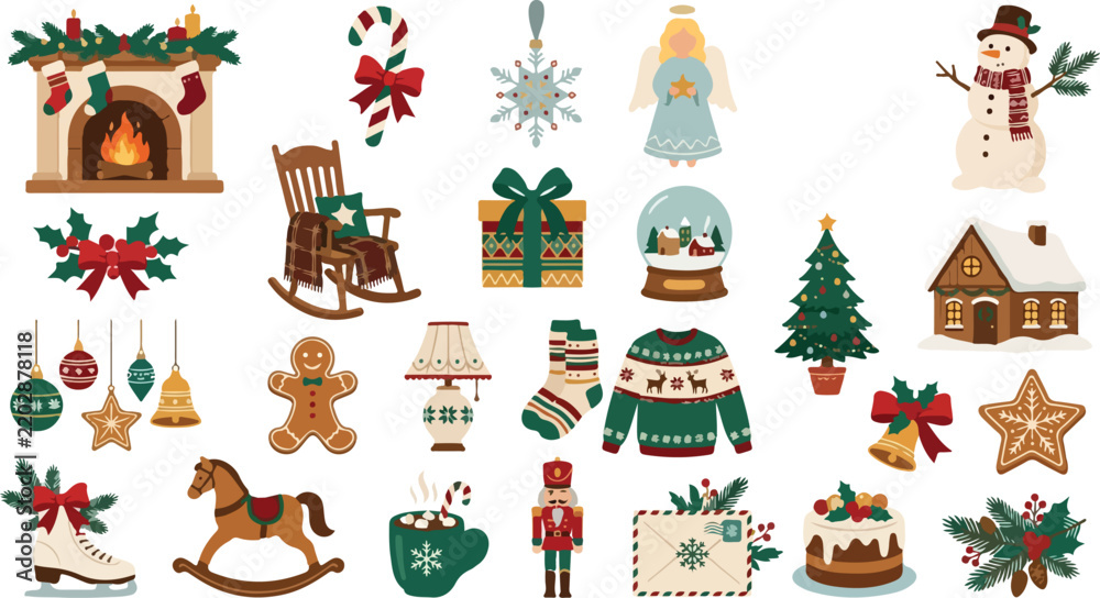 Fototapeta premium Set of decorative christmas candles with festive patterns and pine branch ornaments on white background