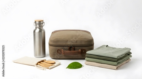 Eco friendly zero waste travel set with reusable stainless steel bottle, organic clothes, canvas bag, and wooden cutlery on white background