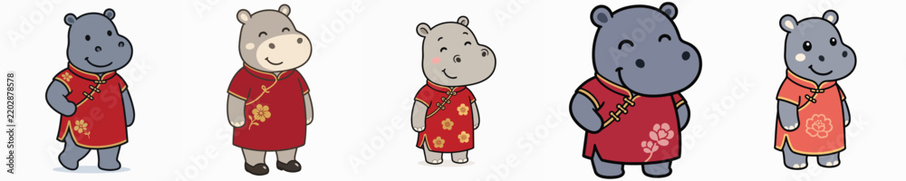 Fototapeta premium Set of cute hippo vectors in a standing pose, wearing a traditional Chinese cheongsam.