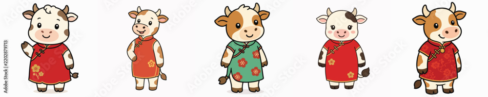 Obraz premium Set of cute vector cows in a standing pose, wearing a traditional Chinese cheongsam.