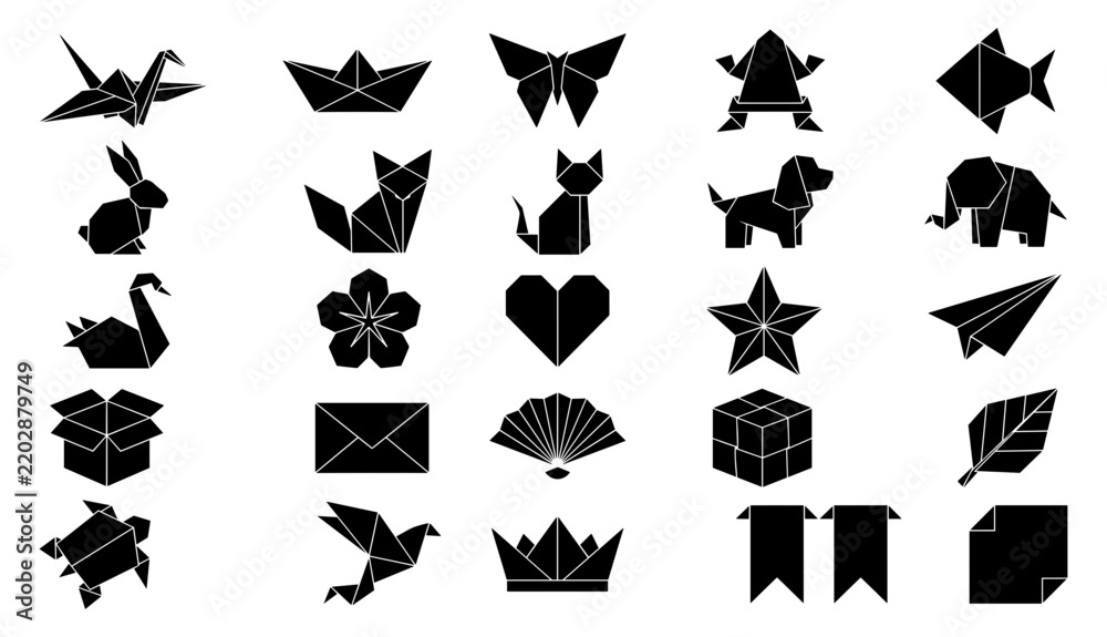 Fototapeta premium Origami Shapes Collection, Including Animals, Objects, and Symbols