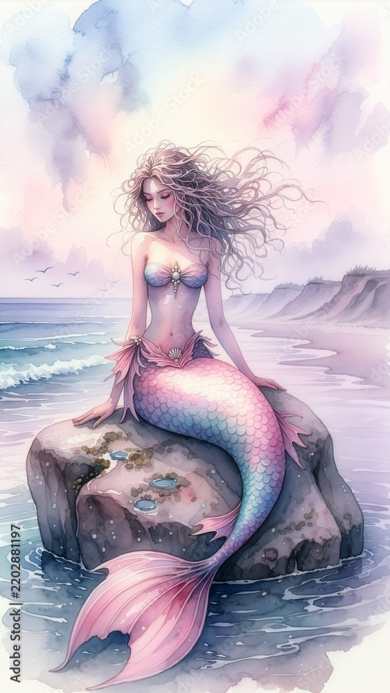 Obraz premium Young Mermaid Sitting on Rock in Dreamy Watercolor Art