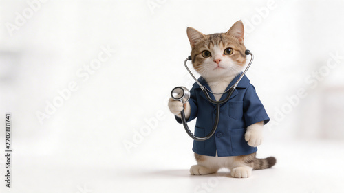 Cute kitten wearing a blue medical uniform holding a stethoscope standing on white