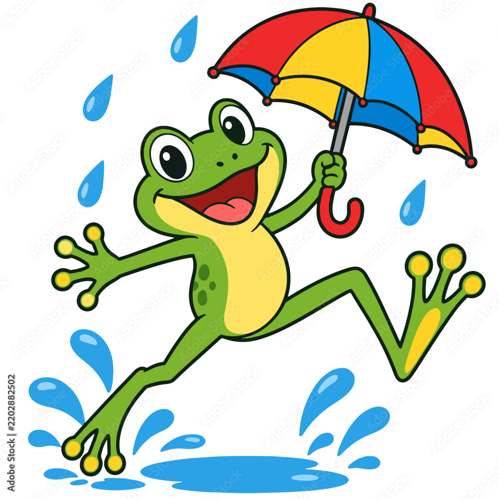 Fototapeta premium Happy frog with umbrella jumping over splash