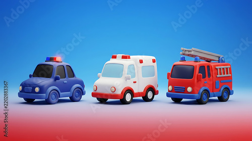 Three toy emergency vehicles, a police car, ambulance, and fire truck, on a blue background