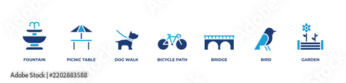 Park and Outdoor Recreation Icons set vector illustration blue with  Fountain, Picnic table, Dog walk, Bicycle path, Bridge, Bird, Garden