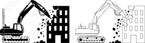 Building Demolition Icon Flat Outline Black Vector Design, industrial demolition, house destruction.