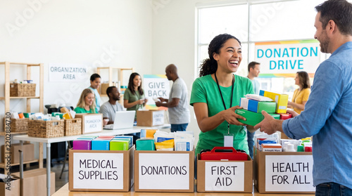 Medical supplies donation drive with volunteers organizing donations