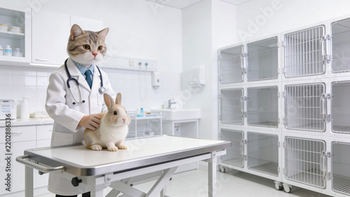 Anthropomorphic cat veterinarian checking small rabbit in bright clinic room