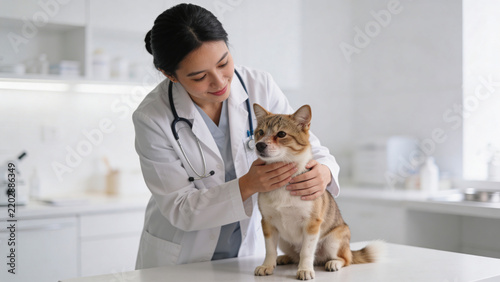 Female veterinarian gently examining a cute dog on a table inside a bright veterinary clinic