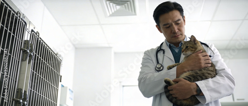 Asian veterinarian holding a tabby cat inside a bright animal clinic