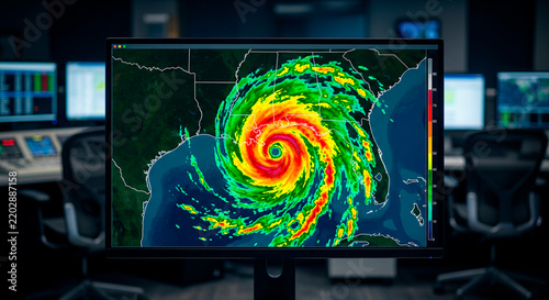 Weather radar showing a hurricane, Hurricane radar on computer monitor in emergency operations center  