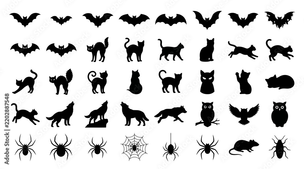 Fototapeta premium Halloween black silhouette collection of bats, cats, wolves, spiders vector icons for spooky party banners, cards, and social media posts, isolated on white background. halloween