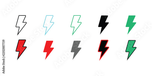 Nine lightning bolt shapes in varying colors and outlines on white .