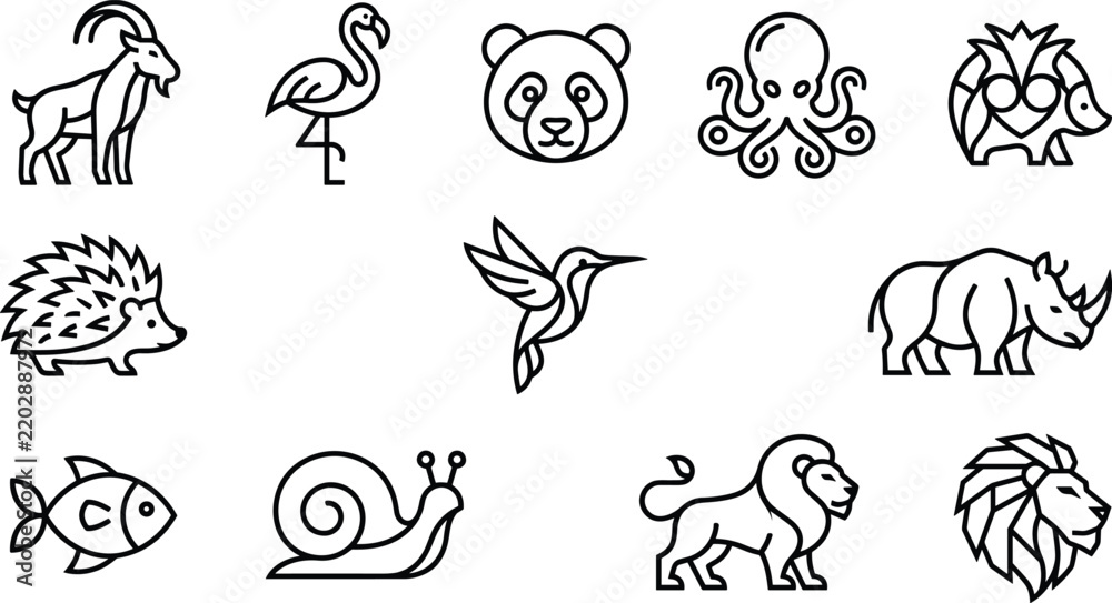 Fototapeta premium Minimalist Animal Line Art Icons Collection featuring Geometric Wild Animals and Marine Creatures Symbols for Logo Design and Branding Vector Graphics