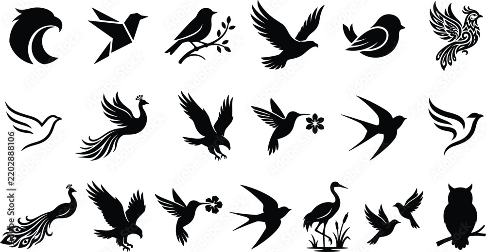 Fototapeta premium Stylized Bird Silhouette Vector Icon Set featuring Eagle, Peacock, Hummingbird, Owl, and Origami Flying Birds Icons for Logo Design and Branding Elements