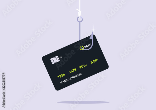 A bank card dangles from a hook, illustrating the dangers of identity theft and online fraud, This scene highlights the importance of safeguarding personal information in financial transactions.