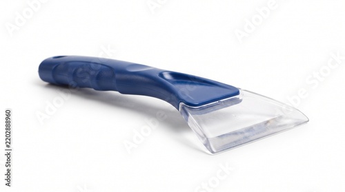 Blue ice scraper with ergonomic grip for easy snow and ice removal on vehicles