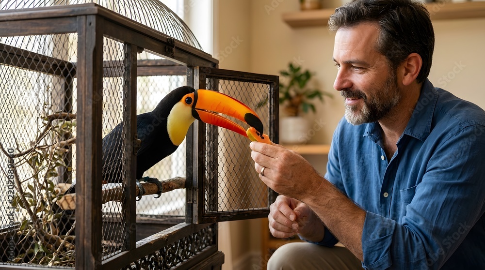 Fototapeta premium A man sits next to a cage, feeding a toucan with a colorful beak. The scene takes place indoors in a well-lit room with plants and shelves