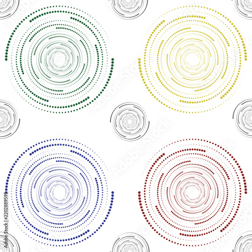 A seamlessly continuous abstract pattern, composed of dots arranged in concentric circles, creates a visual illusion resembling a swirling vortex, an abstract fingerprint, or a dynamic vinyl record.