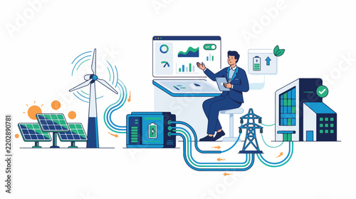 Renewable Energy Smart Grid Vector Illustration, Solar Power, Battery Storage and Energy Management Concept