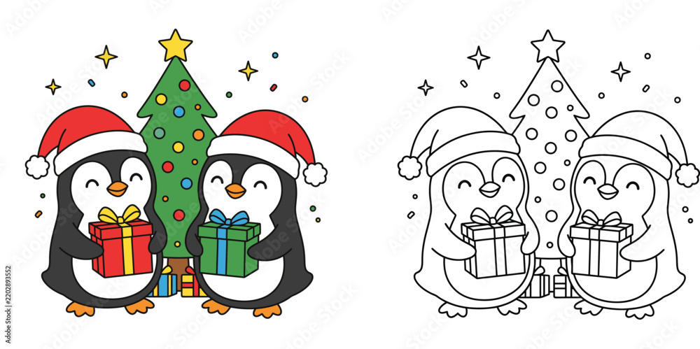 Fototapeta premium Cute Santa Penguins with Gifts and Decorated Christmas Tree Set - Color and Line Art for Kids Coloring Page Activity