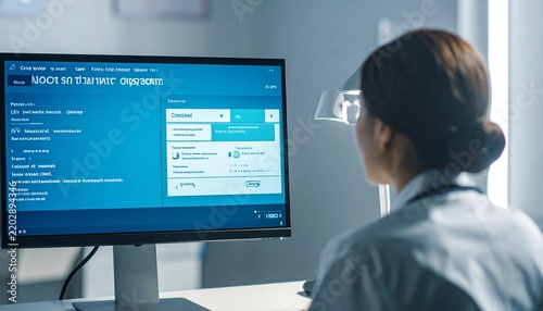 Woman in lab coat looks at computer screen displaying medical interface