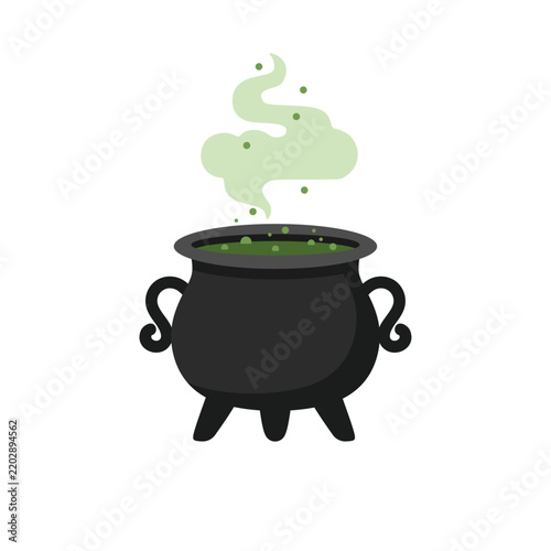 wizard cauldron with mysterious green liquid flat design vector illustration isolated on white background. Bubbling cauldron with potion. Halloween witch cauldron. Illustration of a Witch's Cauldron.