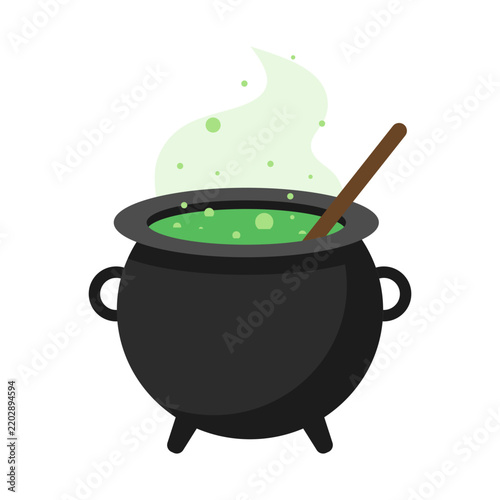 wizard cauldron with mysterious green liquid flat design vector illustration isolated on white background. Bubbling cauldron with potion. Halloween witch cauldron. Illustration of a Witch's Cauldron.