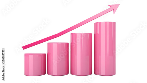Pink 3D Financial Bar Chart with Rising Arrow Line Isolated on White Background   