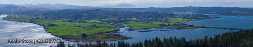 Beautiful wide panoramic view of green valley with rivers and mountains