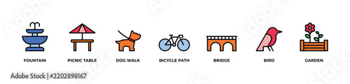 Park and Outdoor Recreation Icons set vector illustration with  Fountain, Picnic table, Dog walk, Bicycle path, Bridge, Bird, Garden