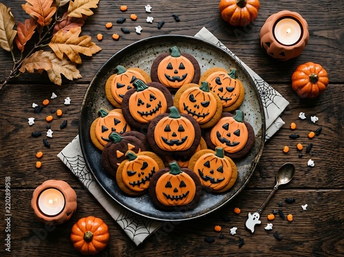 Halloween pumpkin cookies on a rustic wooden table with candy corn
