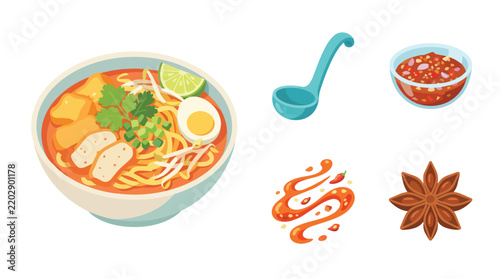 Spicy Asian Noodle Soup Collection Set with Chili Sauce and Star Anise