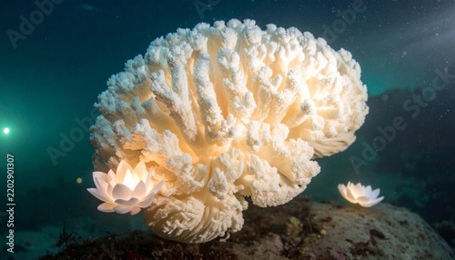 Glowing lotus flowers illuminate a large white coral in dark ocean depths