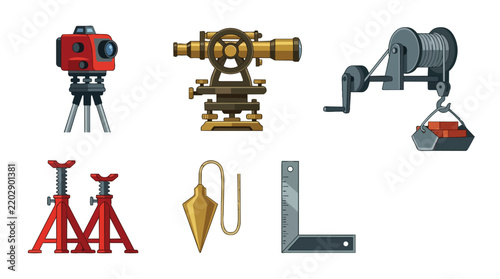 Surveying and Construction Tools Vector Illustration Set