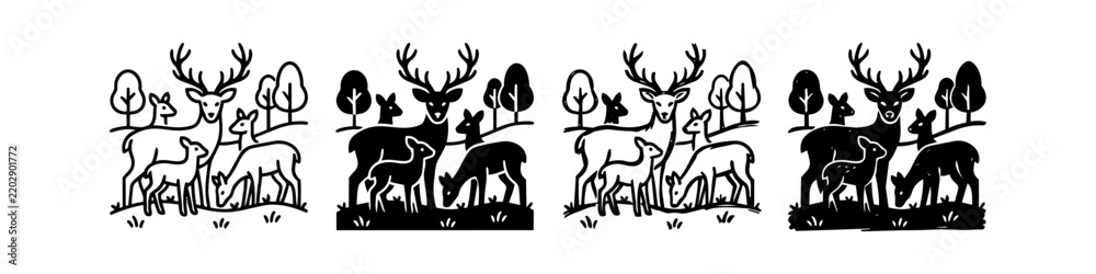 Fototapeta premium Set of deer family icons in black and white woodcut style, featuring stag, doe, and fawns in forest landscape.