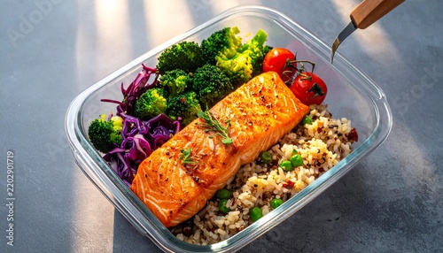Healthy salmon meal prep in glass container