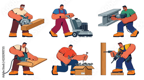 Construction Worker Illustrations with Hand Tools and Equipment Set of