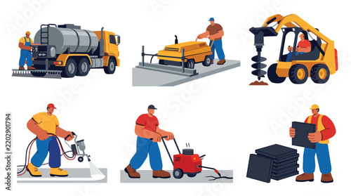 Construction Workers and Heavy Machinery Vector Illustration Set