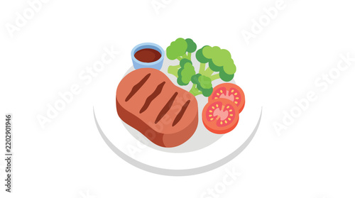 Flat Design Burger Set with Tomato Slices and Broccoli in White Plate