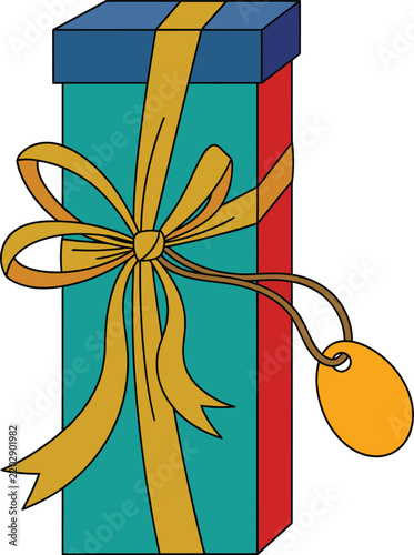 Tall rectangular gift box with yellow ribbon bow and blank tag vector illustration flat.