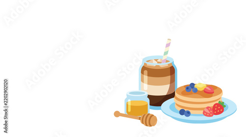 Flat Illustration Collection Set of Breakfast Dessert with Pancakes and Honey Jar