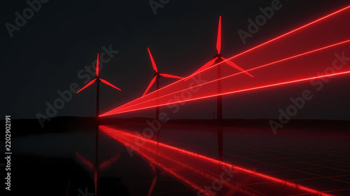 Three red wind turbines on water