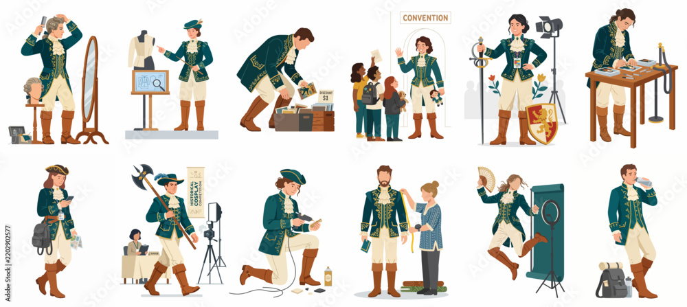 Fototapeta premium Illustrations of a male actor in historical costume performing various behind-the-scenes activities on a theater or film set.