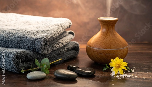 Aromatherapy diffuser with stacked grey towels and yellow flower
