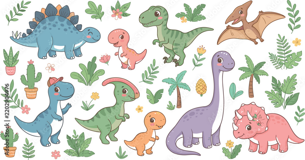 Obraz premium Cute Cartoon Baby Dinosaur Vector Clipart Set with Tyrannosaurus Rex Triceratops Brachiosaurus and Stegosaurus Elements for Kids Prehistoric Designs